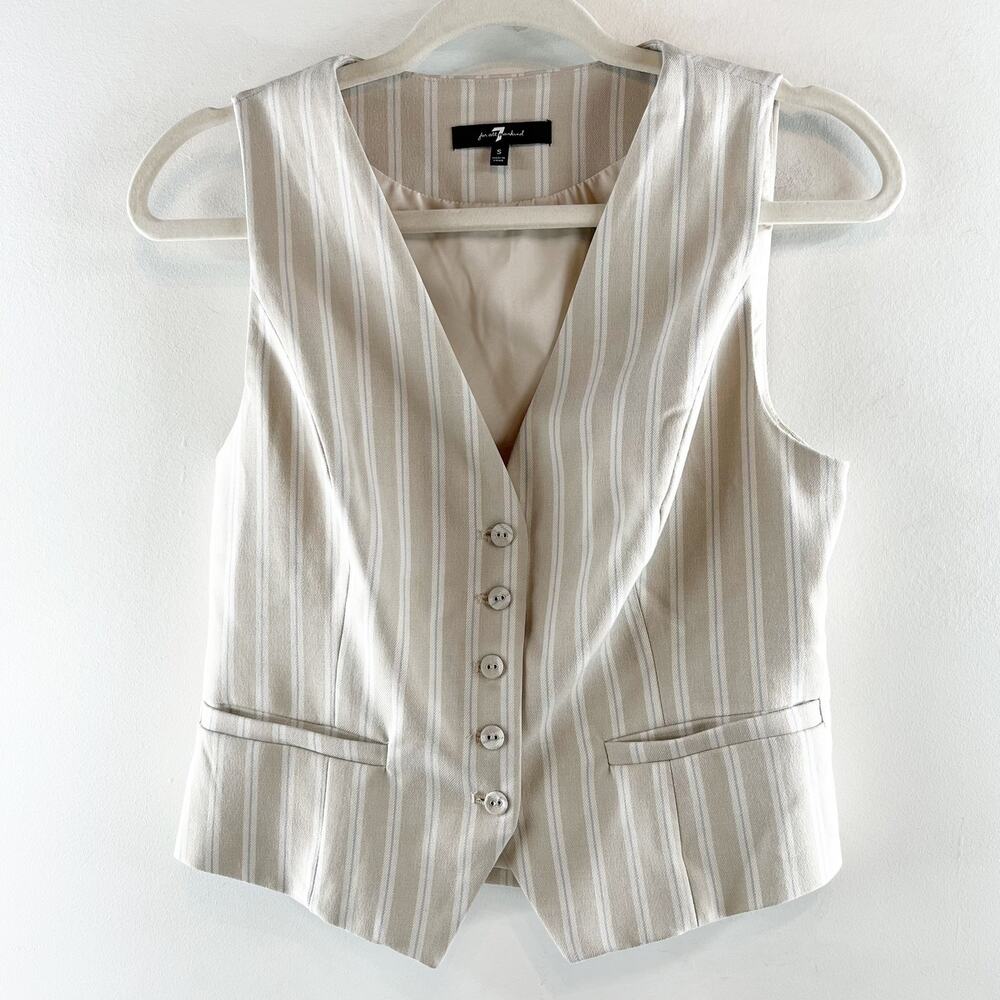 7 For All Mankind Striped Button Up Sleeveless Vest Tan Beige Small